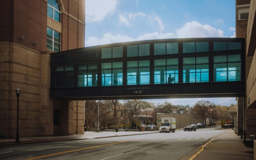 Bridge connecting buildings on UNC Health campus in Chapel Hill