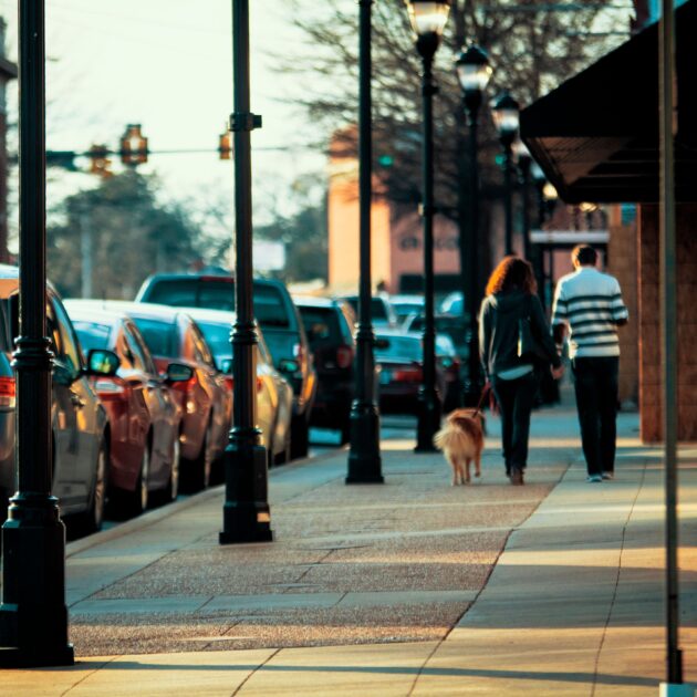 A man and a woman walk a dog down a quiet street in the morning light