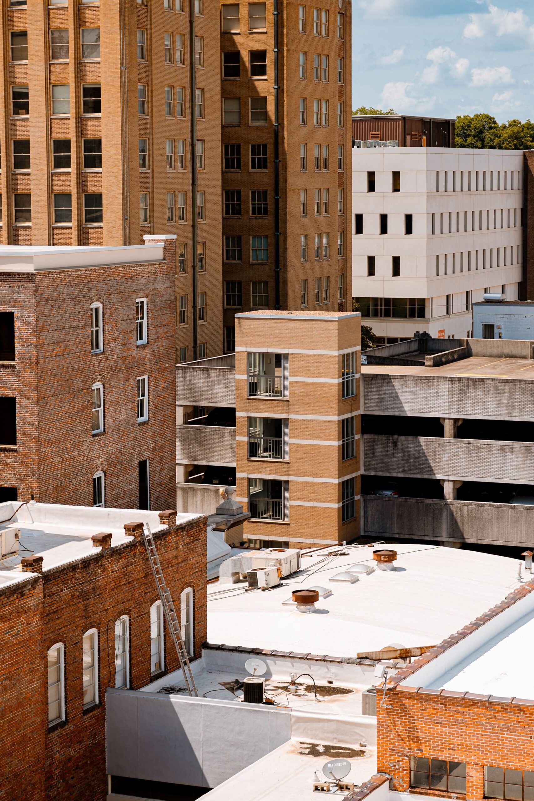 close up of tall brick buildings