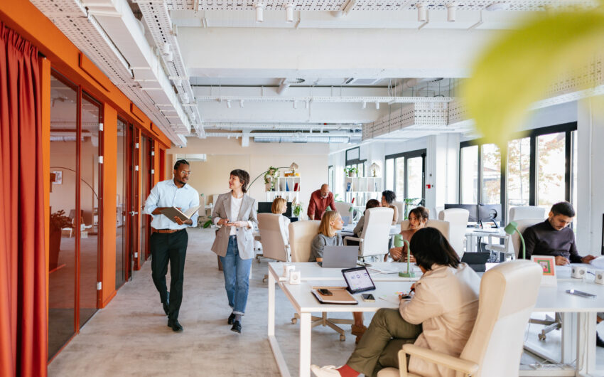 Group of professionals collaborating in a bright, modern office space designed for co-working and teamwork.